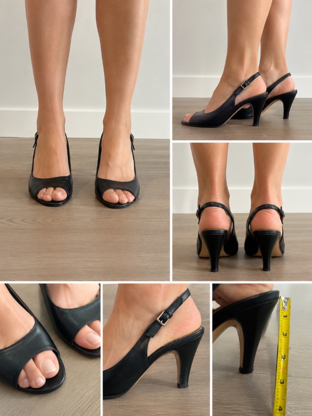 Franco Sarto Black Leather Peep-Toe Slingback Heels
